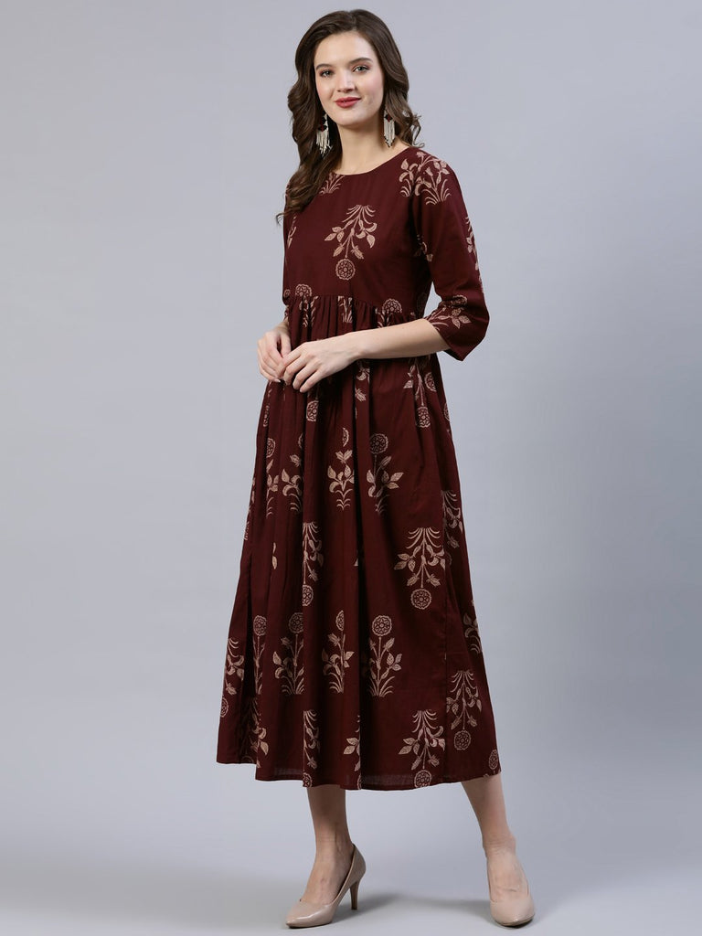 Women's  Brown Printed Dress With Dupatta