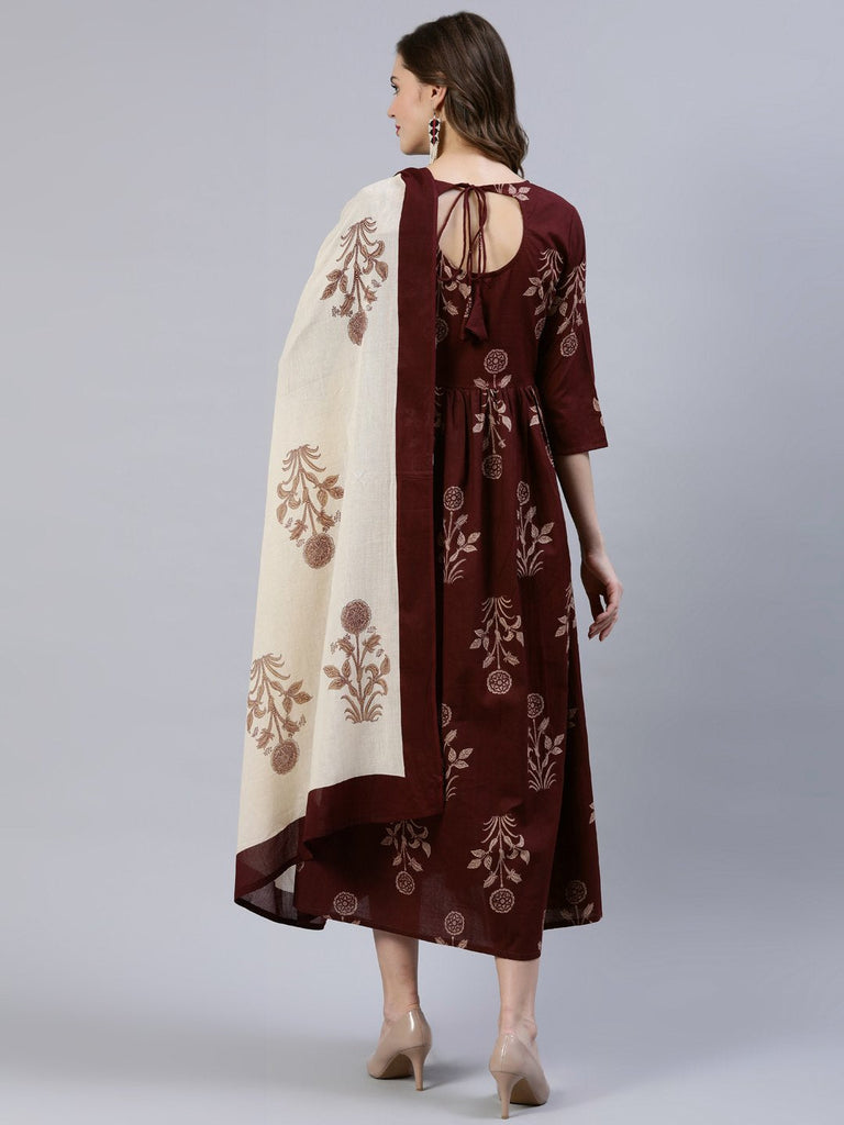 Women's  Brown Printed Dress With Dupatta