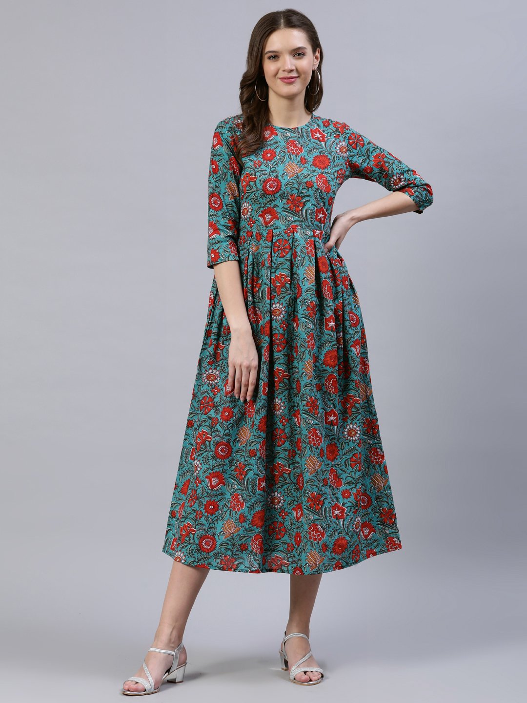 Women's Green Floral Printed Dress With Three Quarter Sleeves - Nayo Clothing