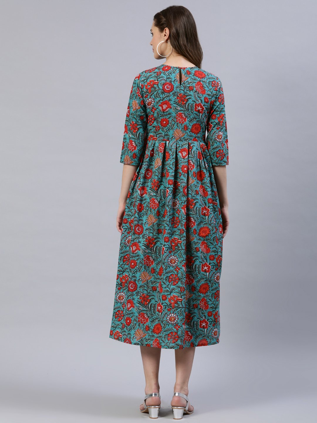 Women's Green Floral Printed Dress With Three Quarter Sleeves - Nayo Clothing