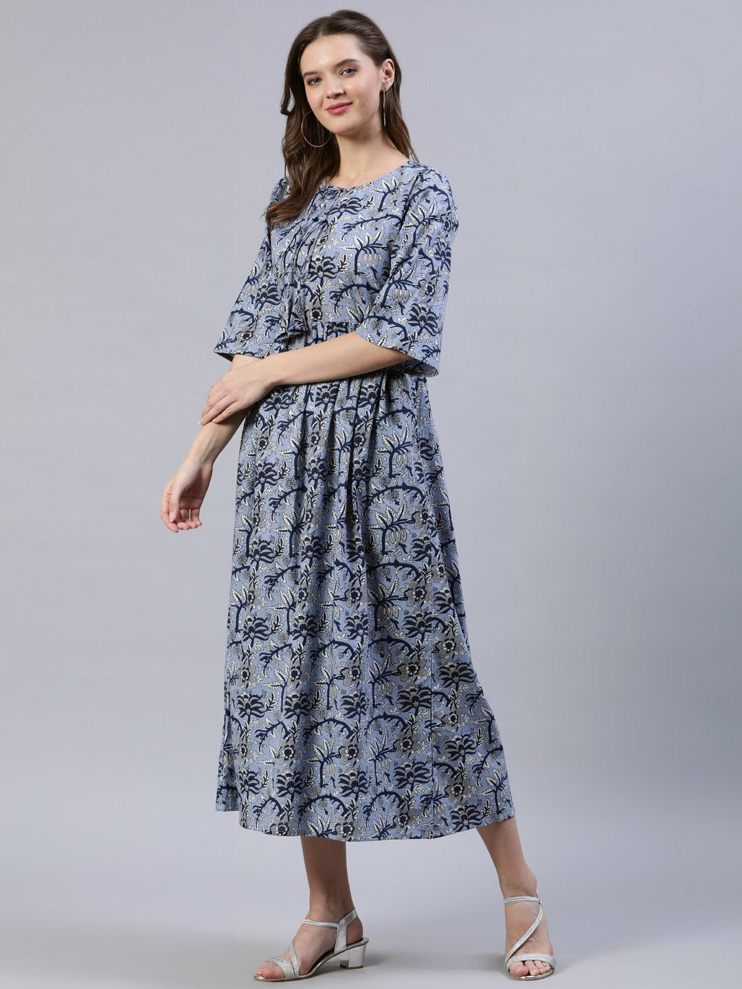 Women's Blue Floral Printed Dress With Three Quarter Sleeves - Nayo Clothing