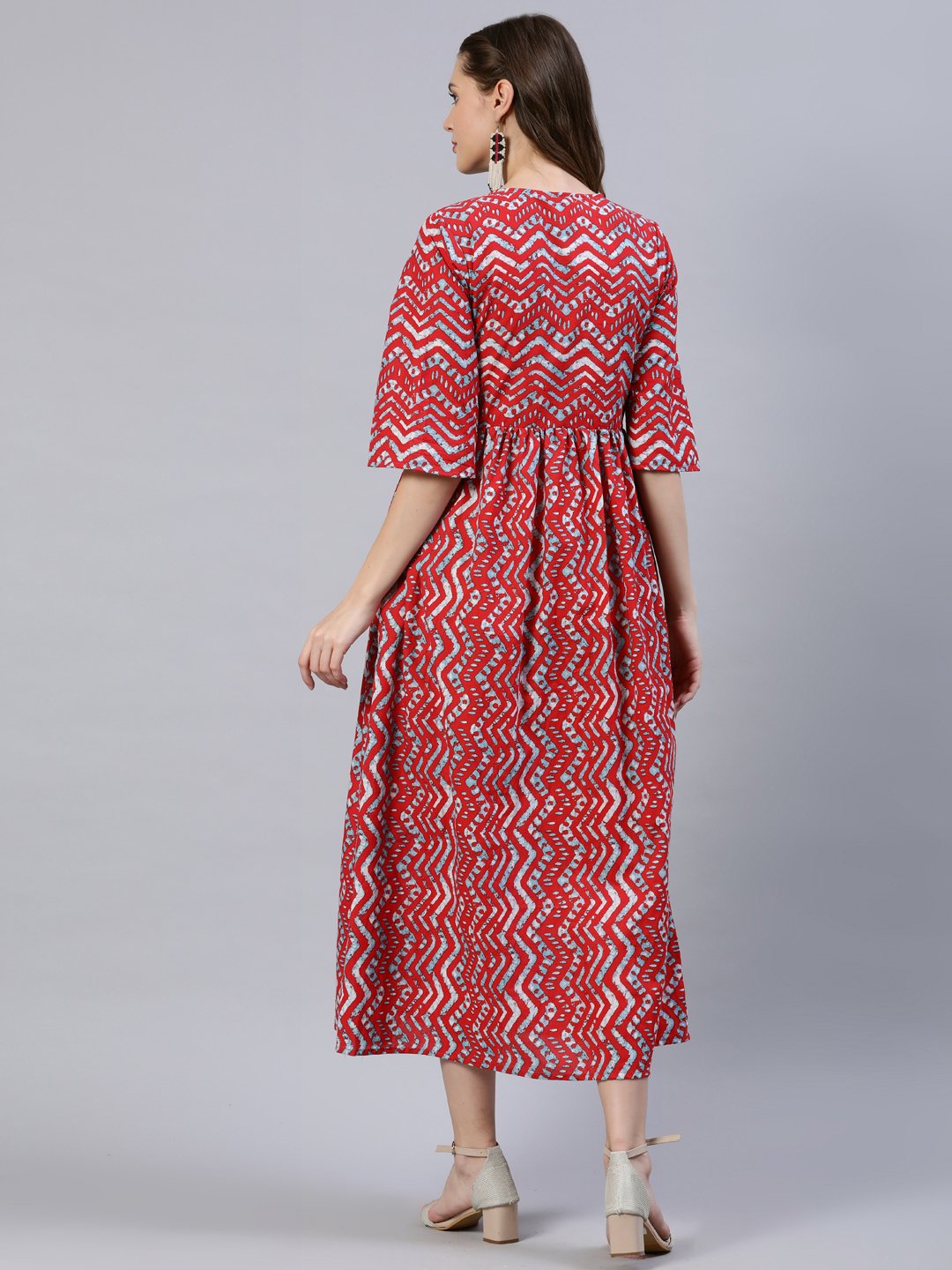 Women's Red Zig-Zac Printed Dress With Three Quarter Sleeves - Nayo Clothing