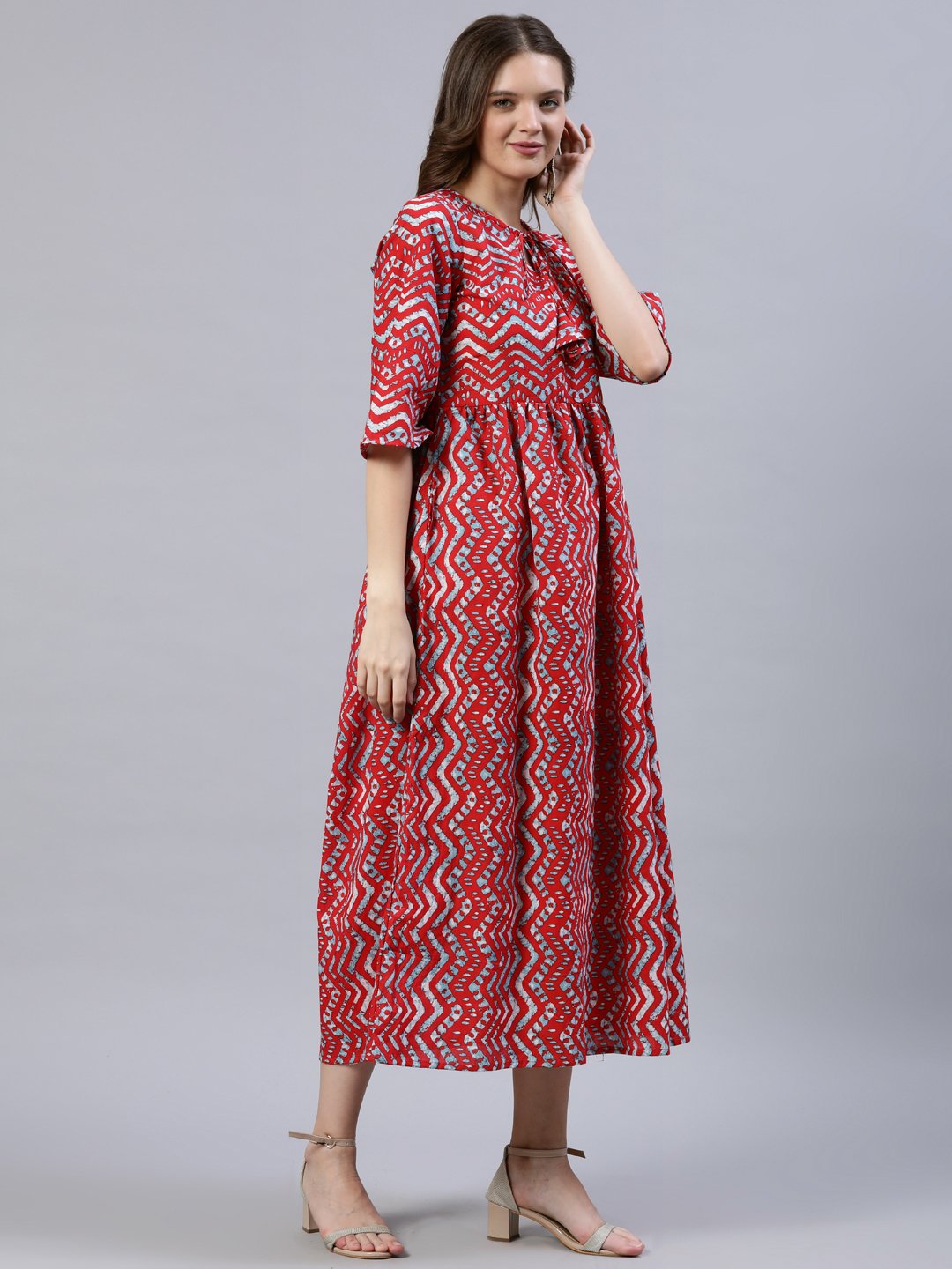Women's Red Zig-Zac Printed Dress With Three Quarter Sleeves - Nayo Clothing