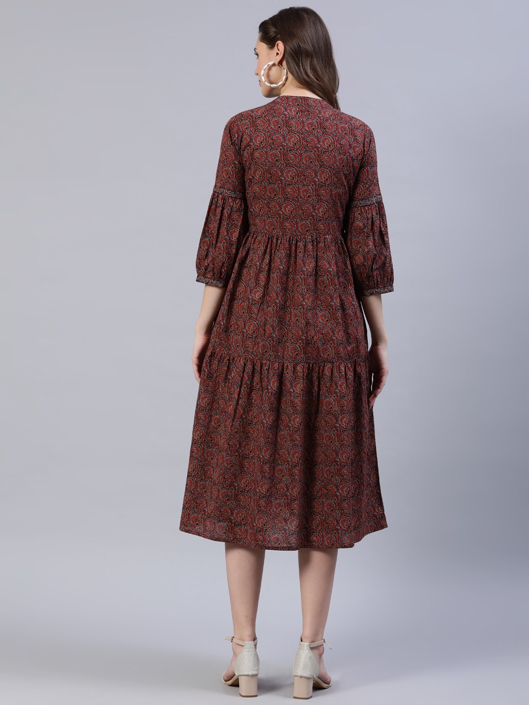 Women's Maroon Printed Dress With Three Quarter Sleeves - Nayo Clothing