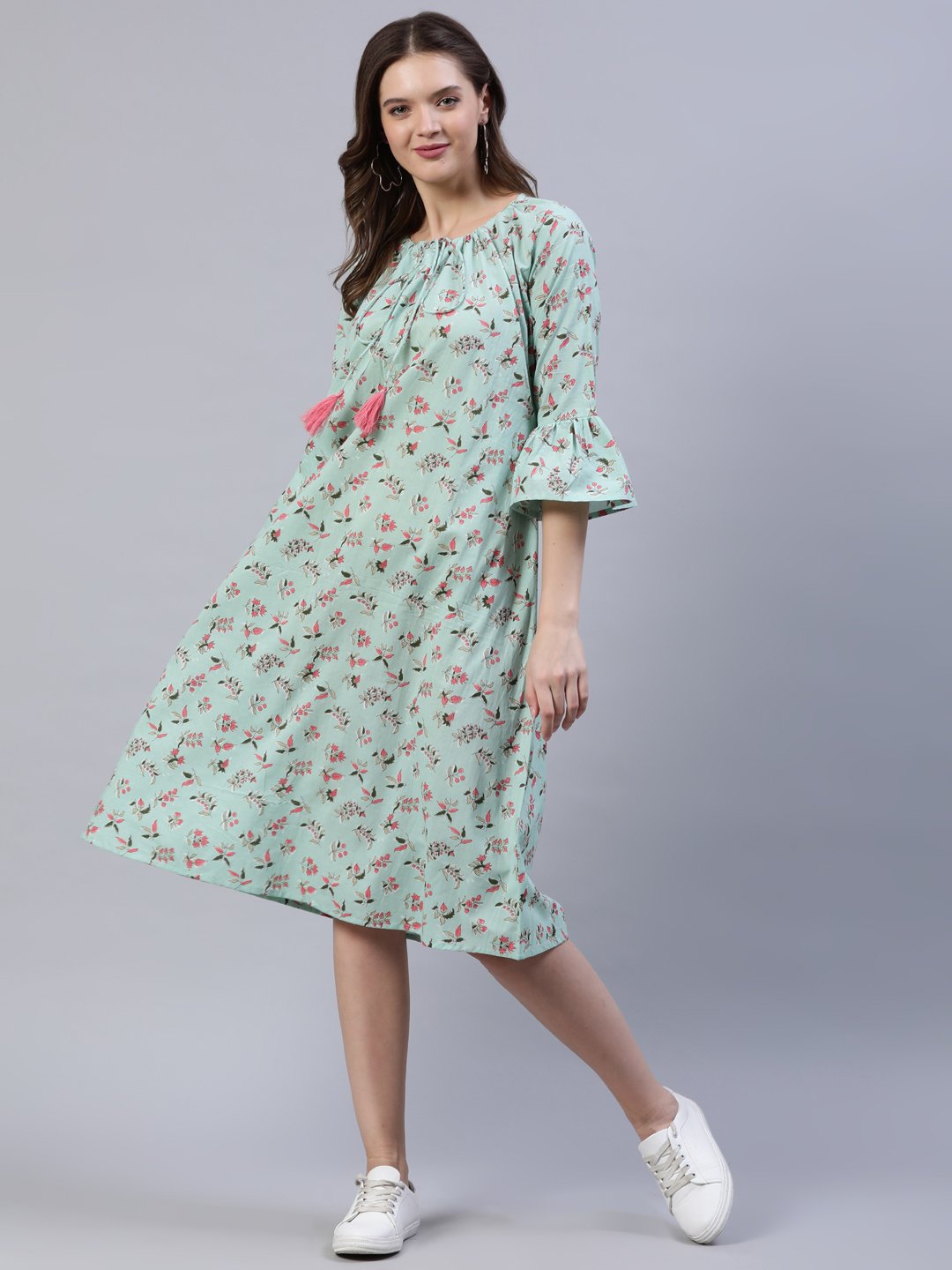 Women's Pastel Green Printed Dress With Three Quarter Flared Sleeves - Nayo Clothing