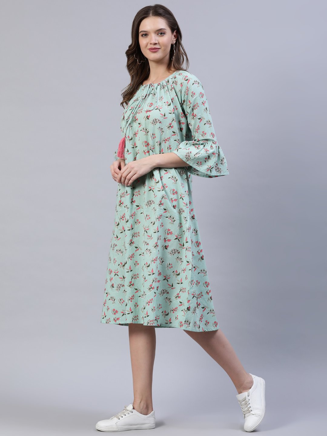 Women's Pastel Green Printed Dress With Three Quarter Flared Sleeves - Nayo Clothing