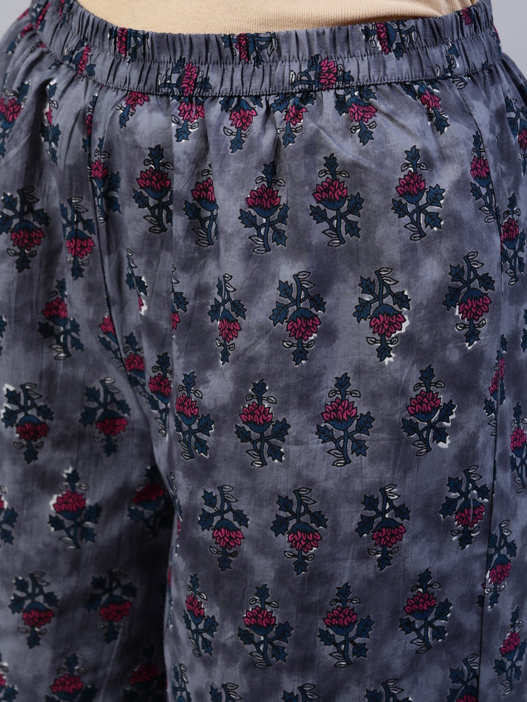 Women's Grey Printed Flared Kurta With Palzo & Dupatta - Nayo Clothing
