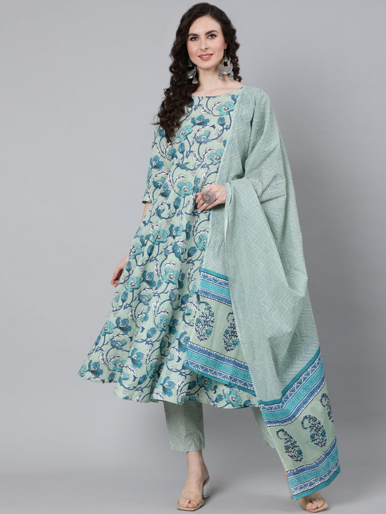 Women's Sage Green Floral Printed Kurta With Trouser & Dupatta