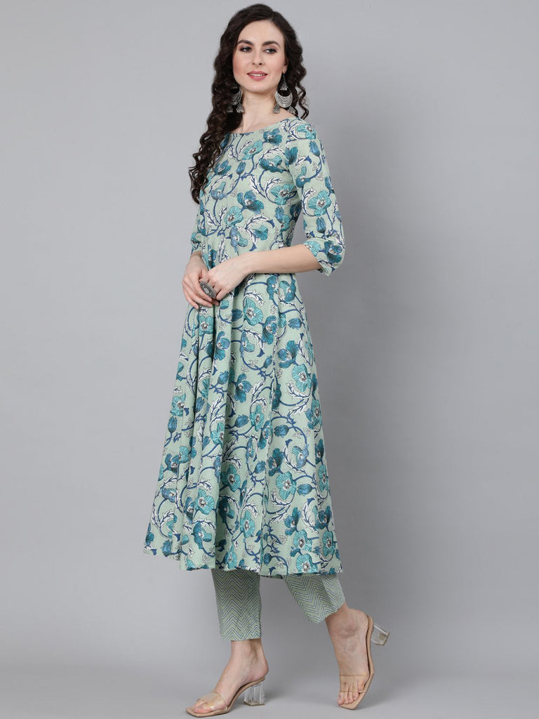 Women's Sage Green Floral Printed Kurta With Trouser & Dupatta