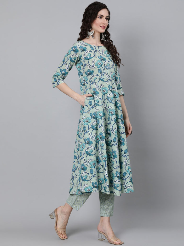 Women's Sage Green Floral Printed Kurta With Trouser & Dupatta