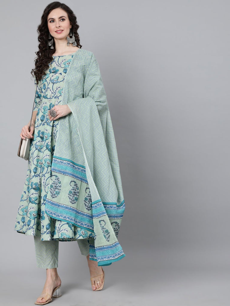 Women's Sage Green Floral Printed Kurta With Trouser & Dupatta