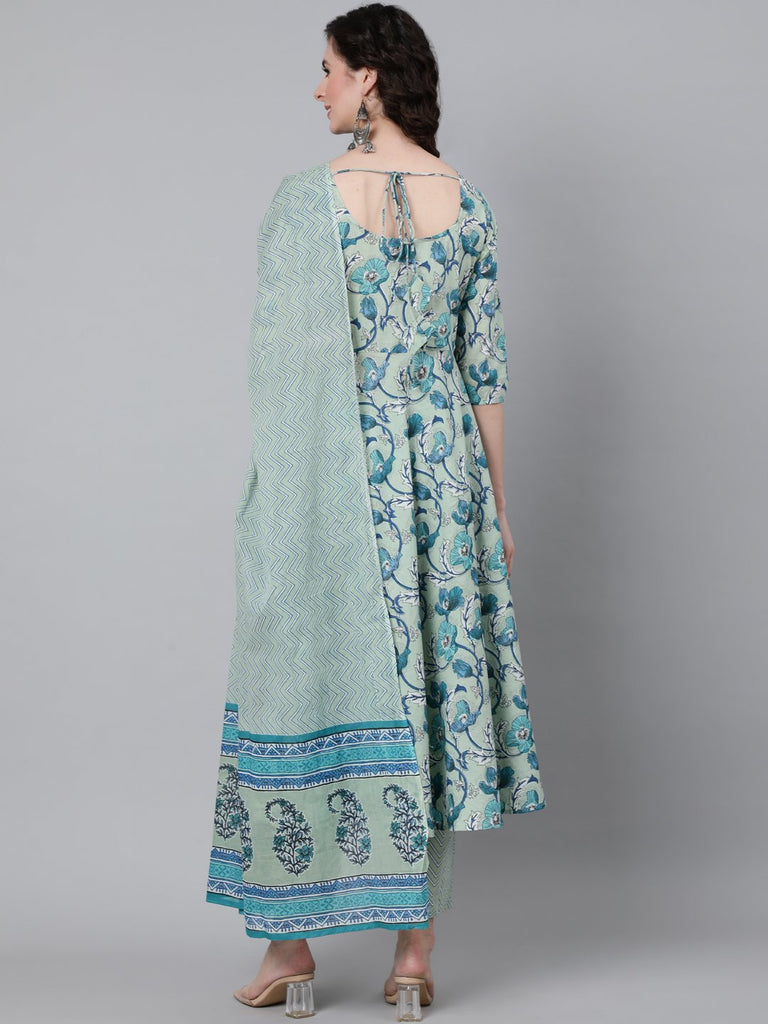 Women's Sage Green Floral Printed Kurta With Trouser & Dupatta