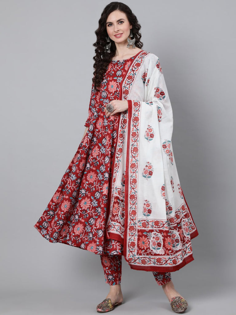 Women's Red Floral Printed Kurta With Trouser & Dupatta