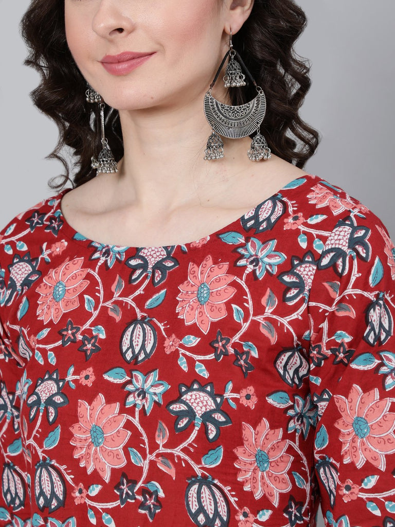 Women's Red Floral Printed Kurta With Trouser & Dupatta