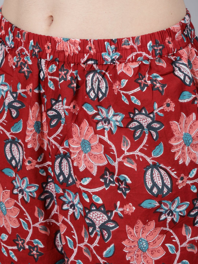 Women's Red Floral Printed Kurta With Trouser & Dupatta