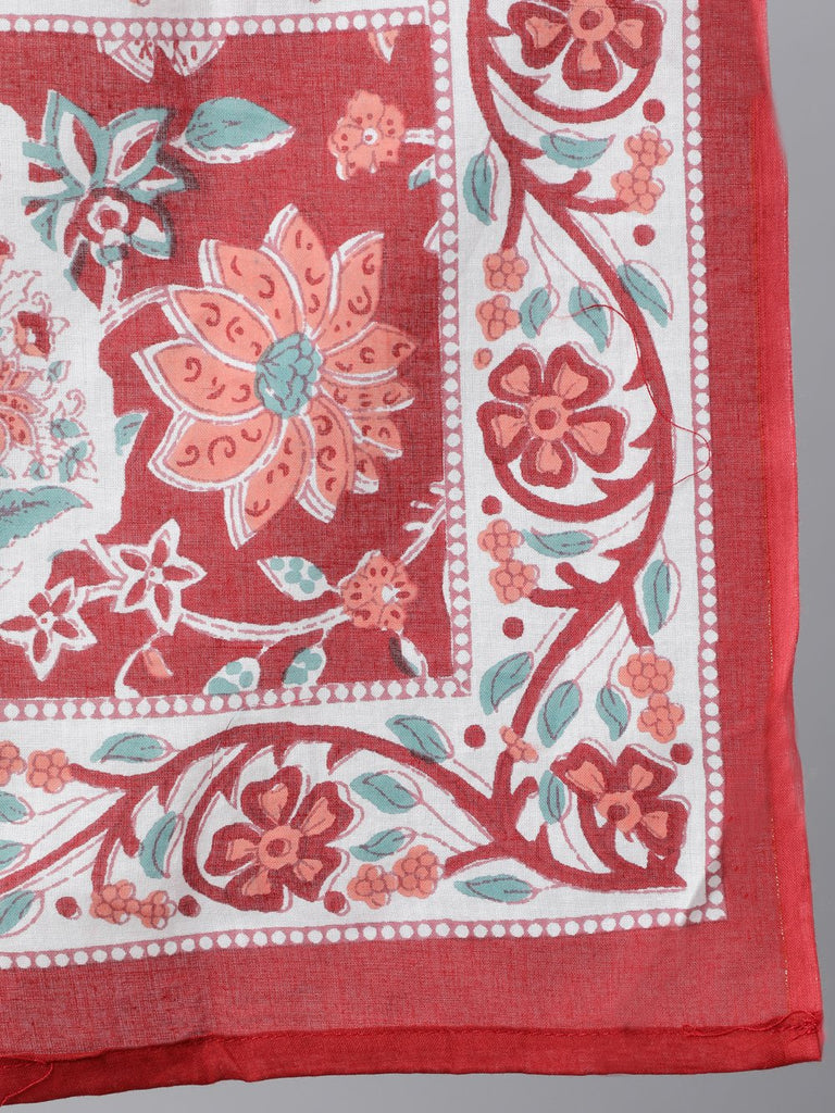Women's Red Floral Printed Kurta With Trouser & Dupatta