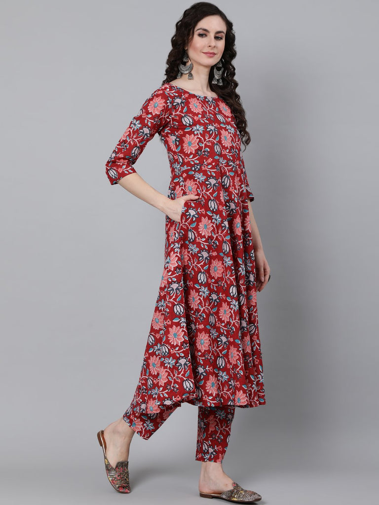 Women's Red Floral Printed Kurta With Trouser & Dupatta
