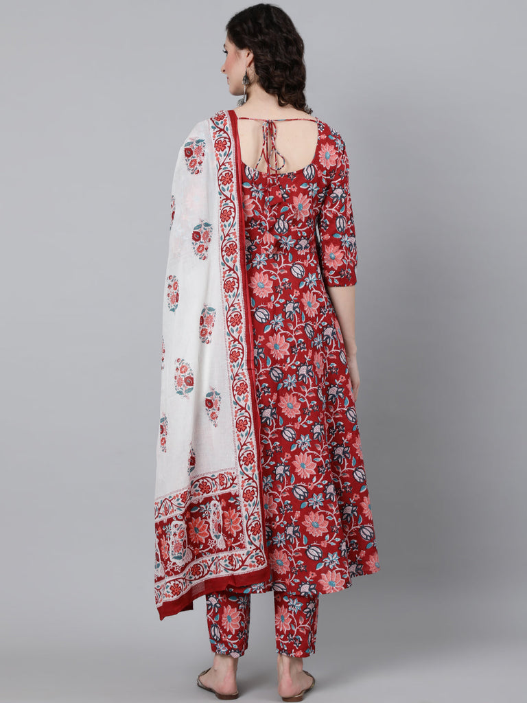 Women's Red Floral Printed Kurta With Trouser & Dupatta