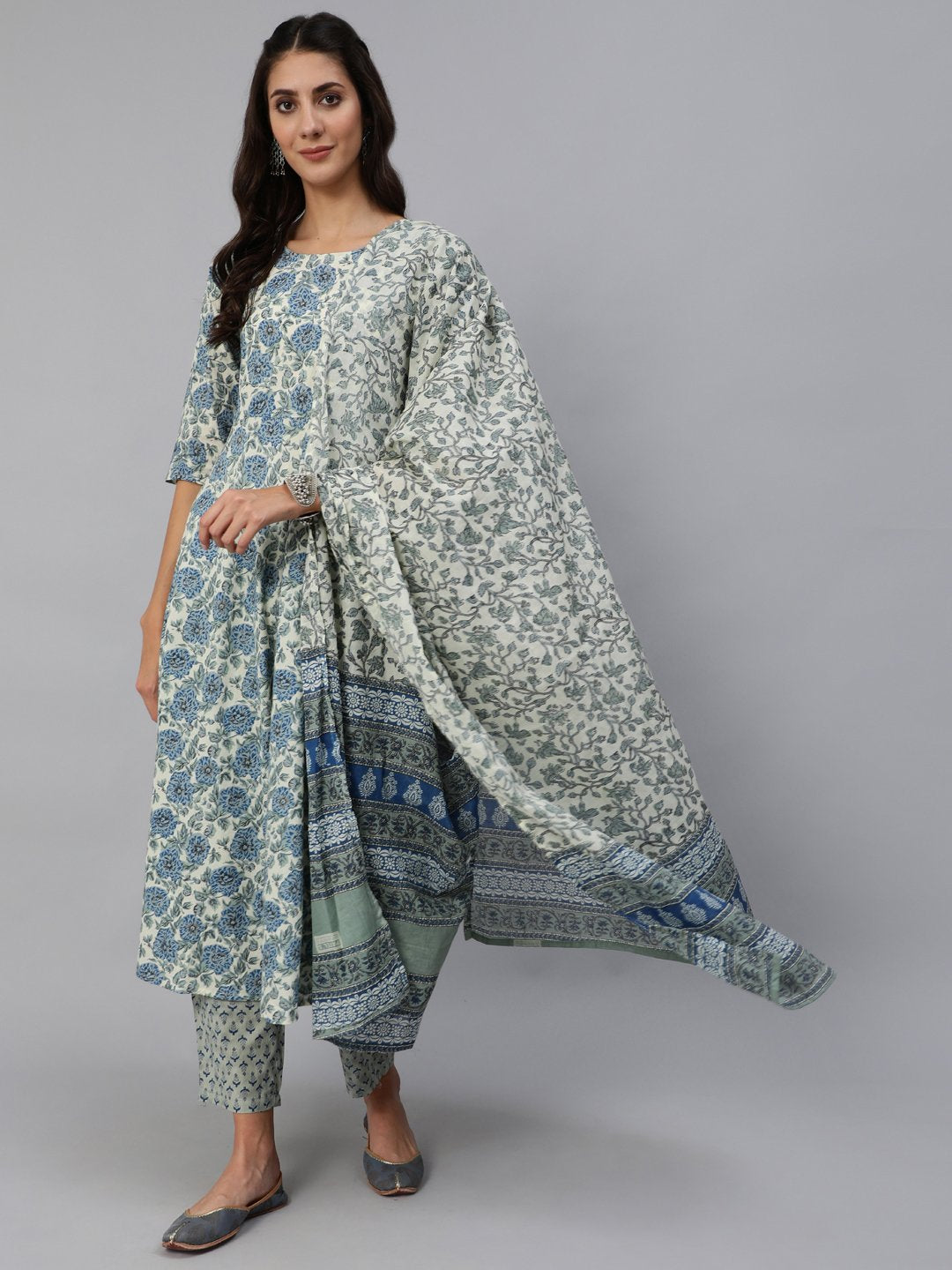Women's Blue & Cream Floral Printed Kurta Set With Trouser & Dupatta - Nayo Clothing