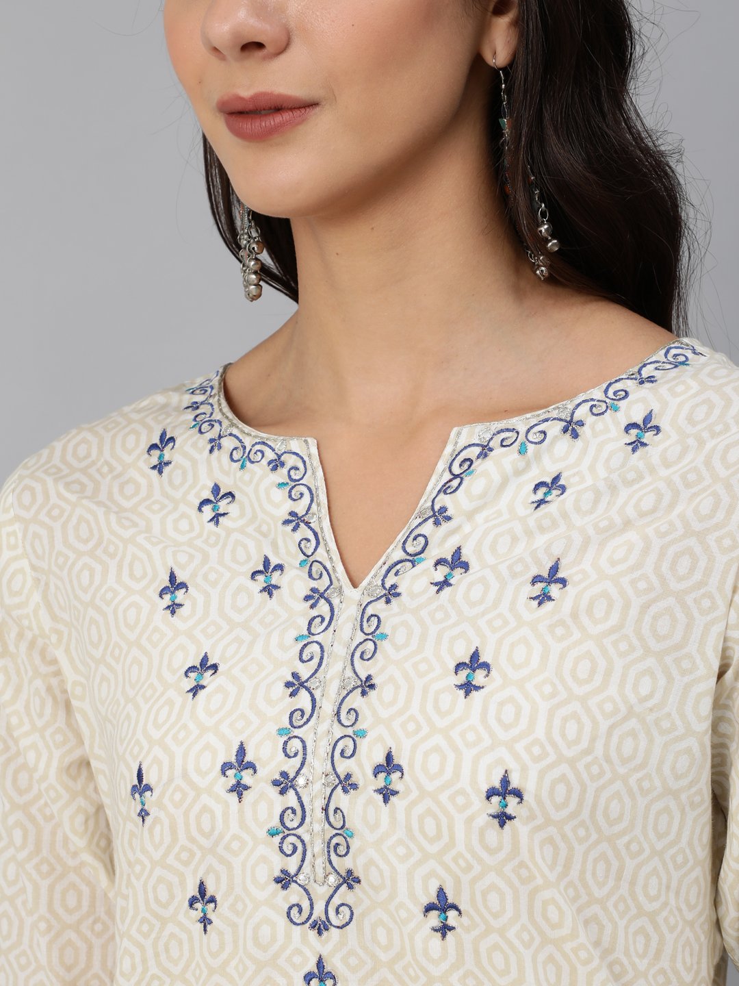 Women's Cream & Blue Embroidered Straight Kurta Set With Plazo & Wrinkled Dupatta - Nayo Clothing
