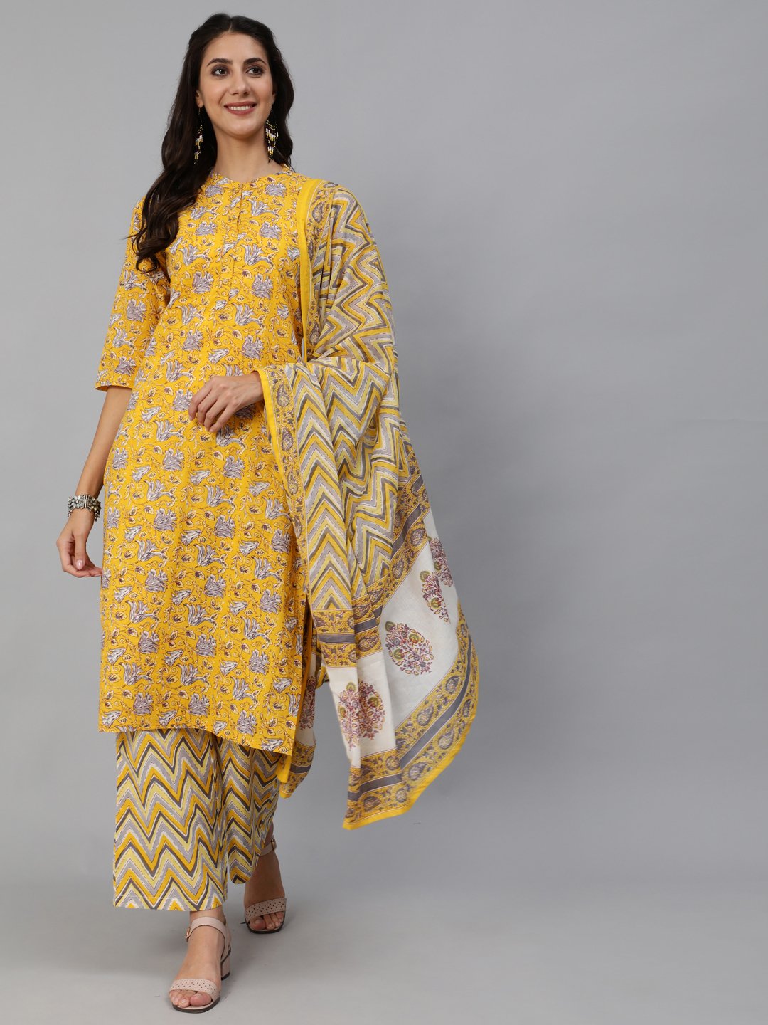 Women's Yellow & Grey Floral Printed Straight Kurta Set With Plazo & Dupatta - Nayo Clothing