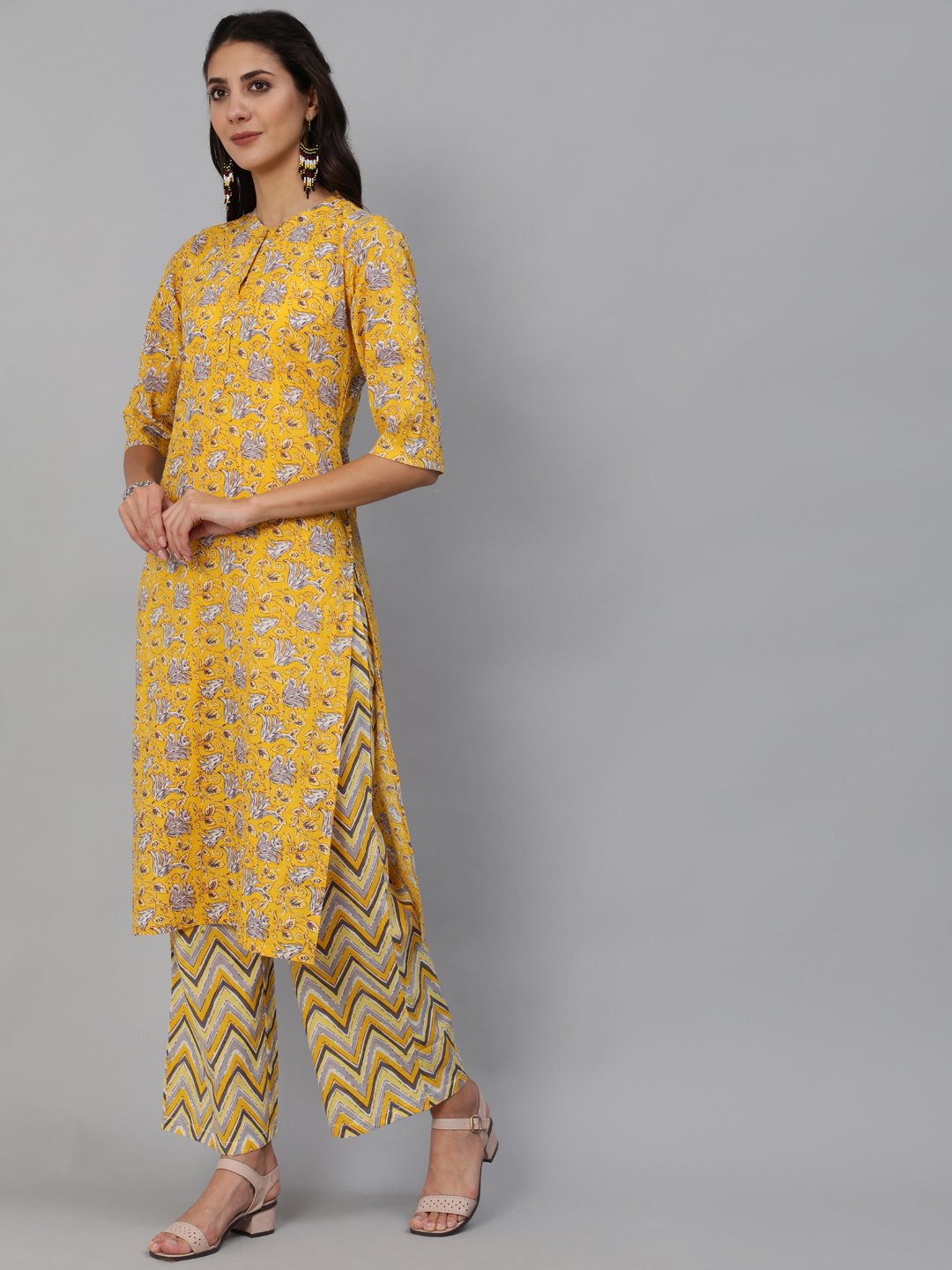 Women's Yellow & Grey Floral Printed Straight Kurta Set With Plazo & Dupatta - Nayo Clothing