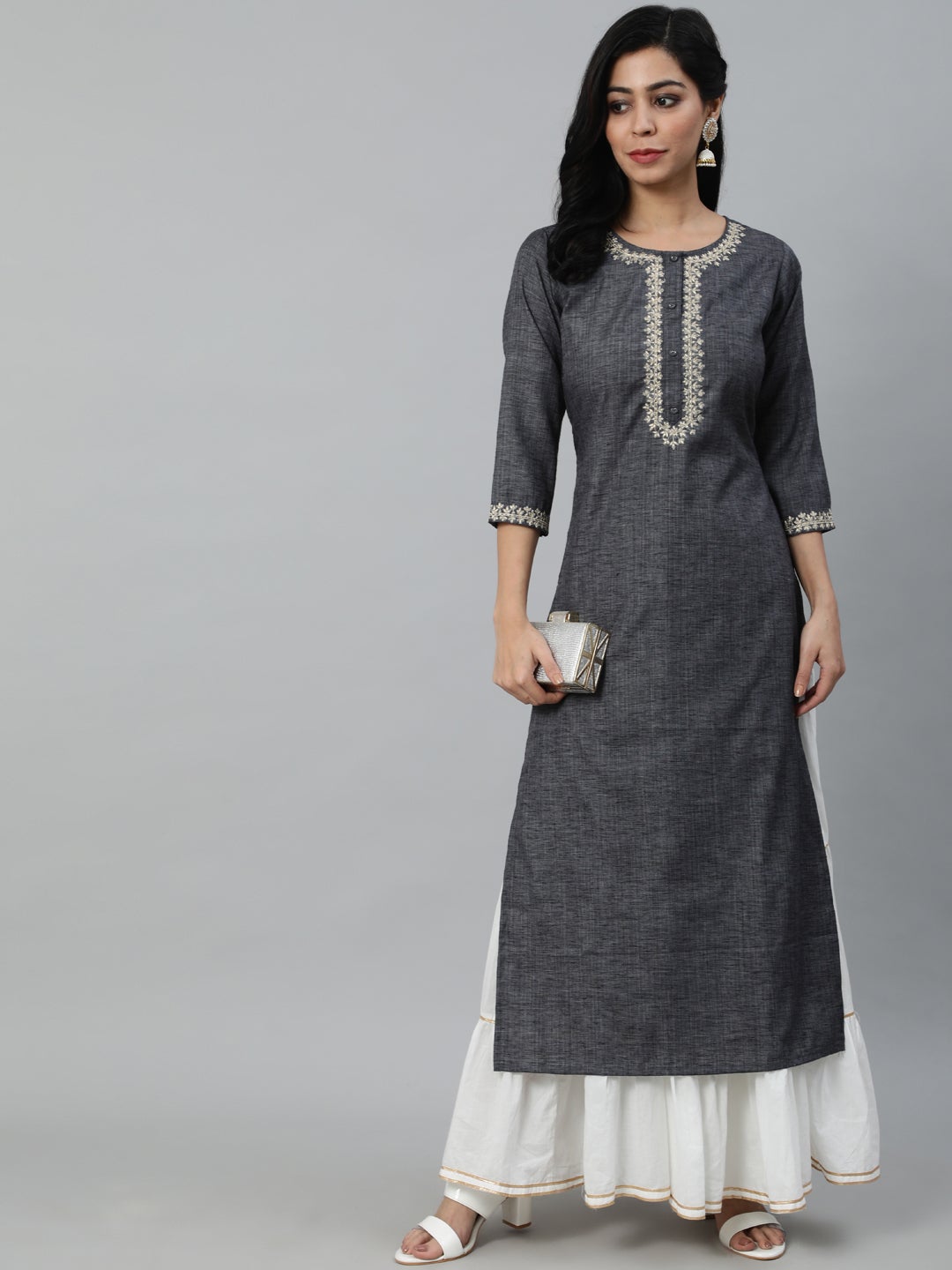 Women's Grey Embroidered Straight Kurta With Three Quarter Sleeves - Nayo Clothing
