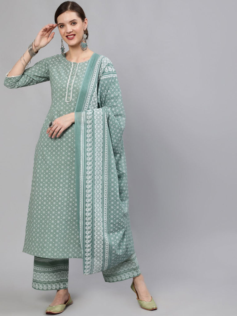 Women's Green Floral Printed Straight Kurta With Plazo & Dupatta