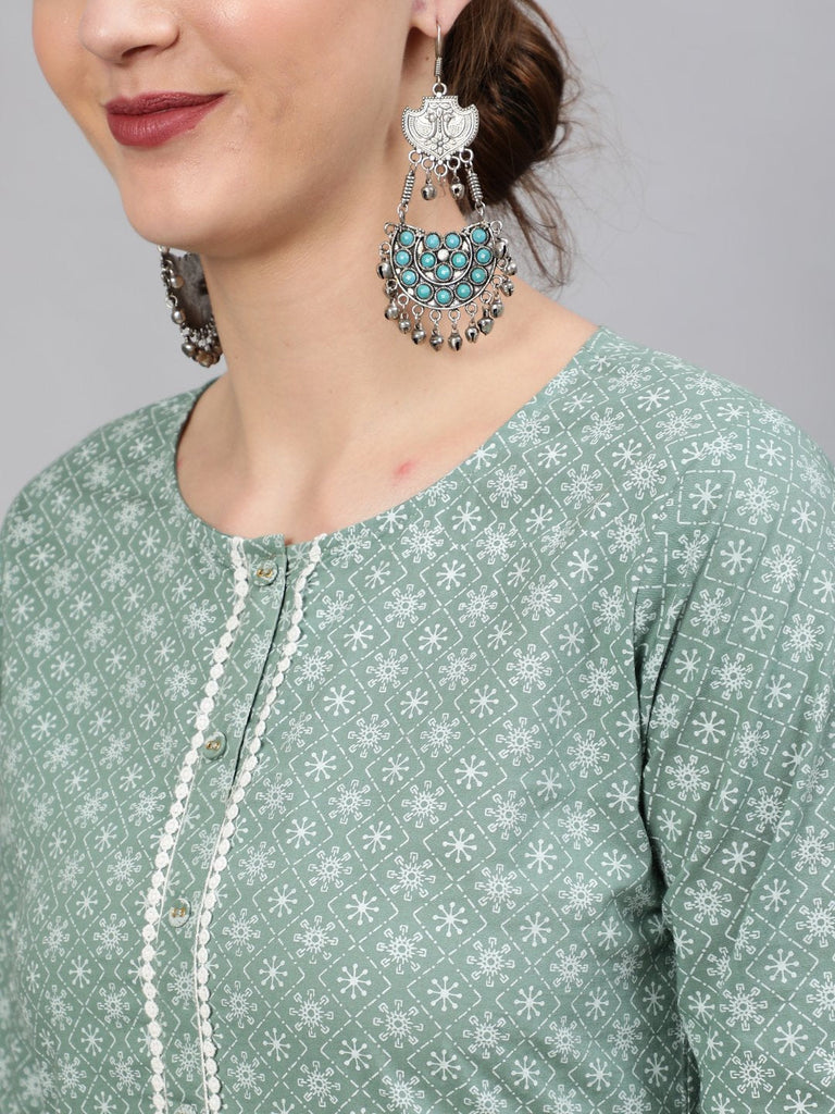 Women's Green Floral Printed Straight Kurta With Plazo & Dupatta