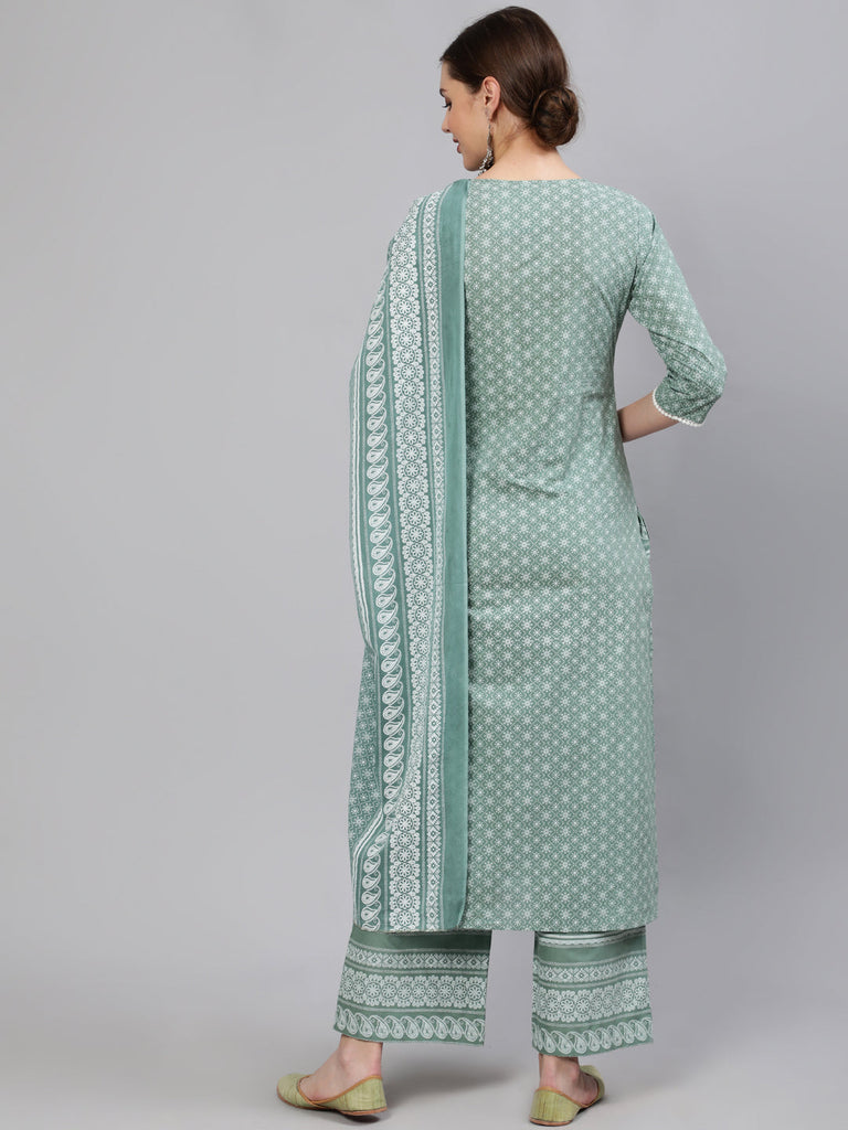 Women's Green Floral Printed Straight Kurta With Plazo & Dupatta