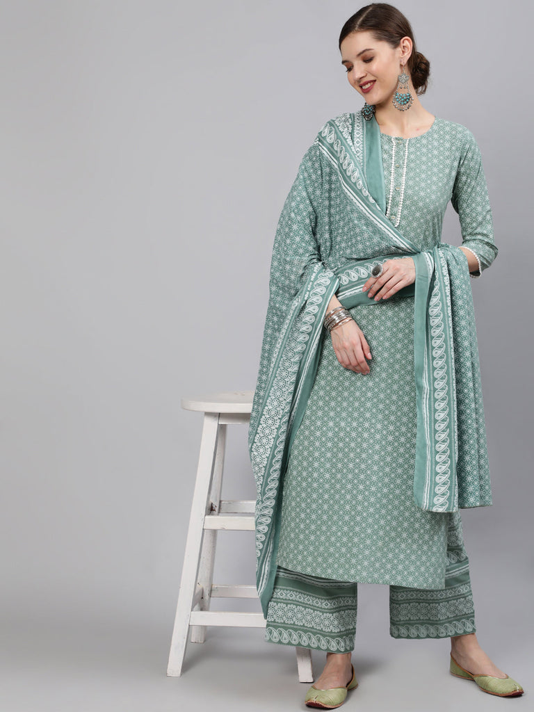 Women's Green Floral Printed Straight Kurta With Plazo & Dupatta