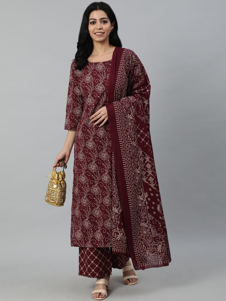 Women's Burgundy & Beige Motifs Printed Cotton Kurta With Plazzos And Dupatta