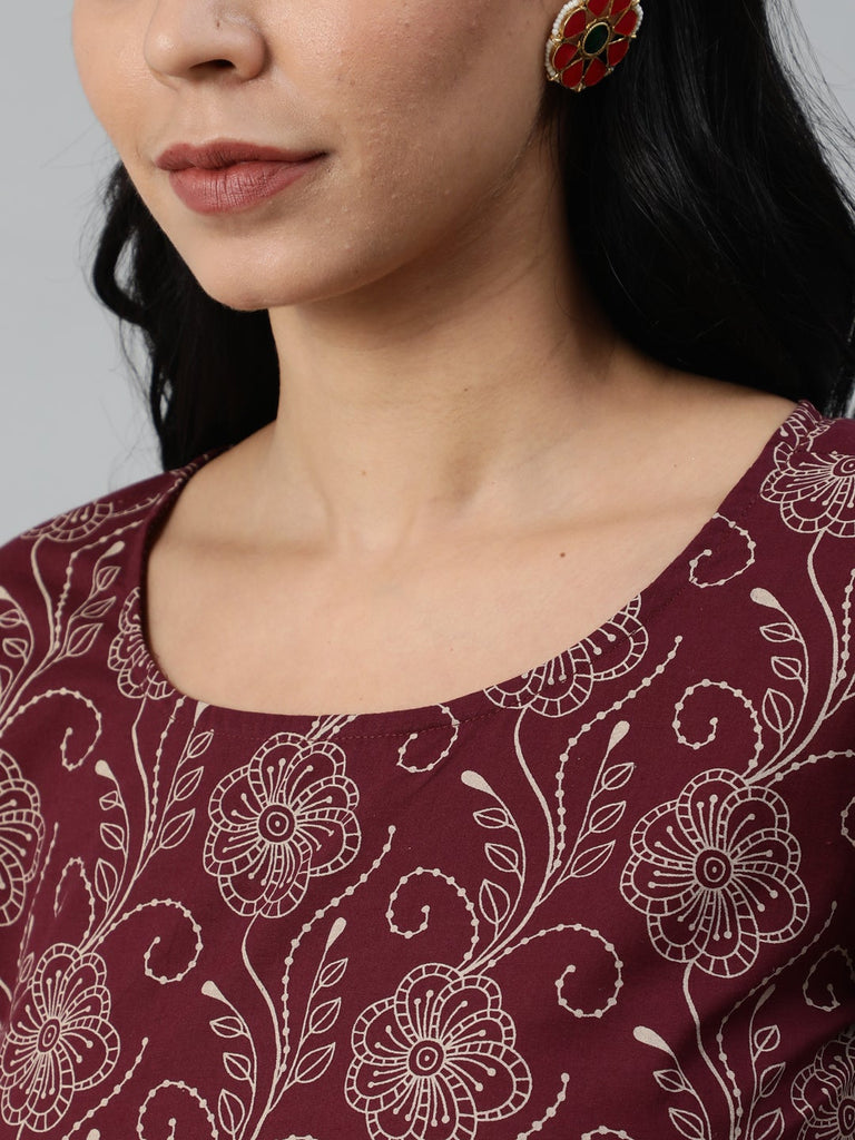 Women's Burgundy & Beige Motifs Printed Cotton Kurta With Plazzos And Dupatta