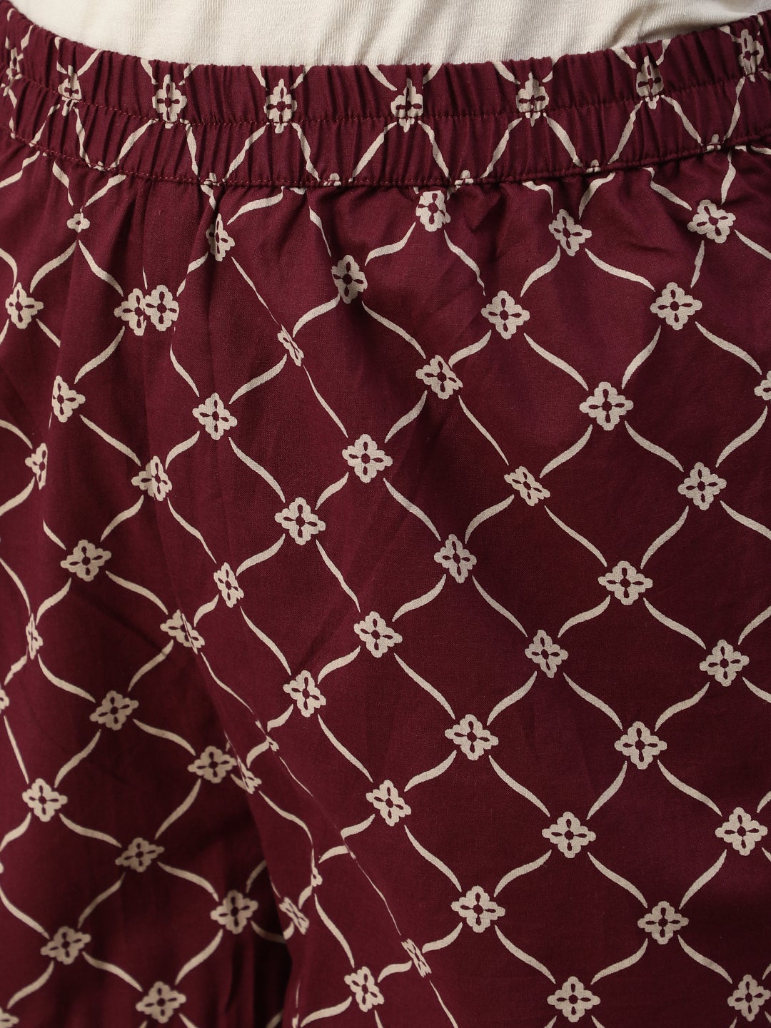 Women's Burgundy & Beige Motifs Printed Pure Cotton Kurta With Plazzos And Dupatta - Nayo Clothing