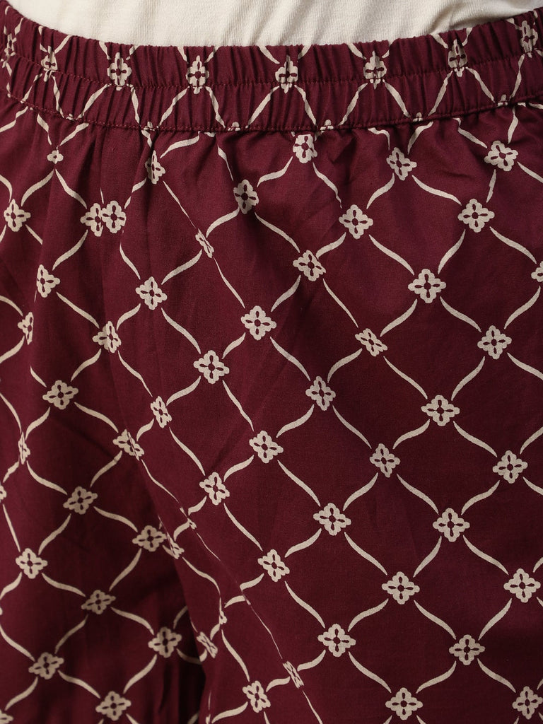 Women's Burgundy & Beige Motifs Printed Cotton Kurta With Plazzos And Dupatta