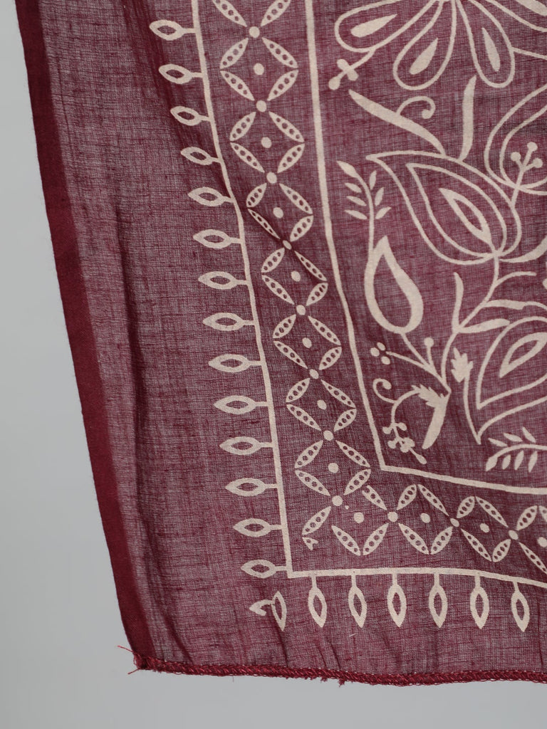 Women's Burgundy & Beige Motifs Printed Cotton Kurta With Plazzos And Dupatta
