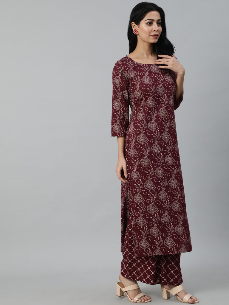 Women's Burgundy & Beige Motifs Printed Cotton Kurta With Plazzos And Dupatta