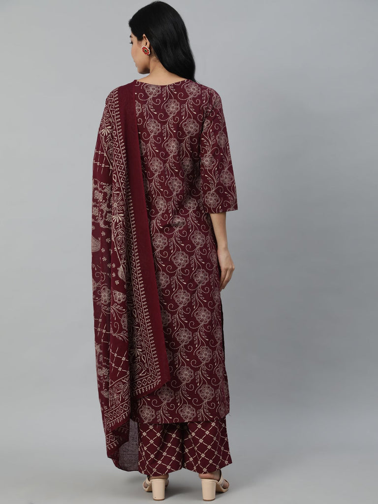 Women's Burgundy & Beige Motifs Printed Cotton Kurta With Plazzos And Dupatta