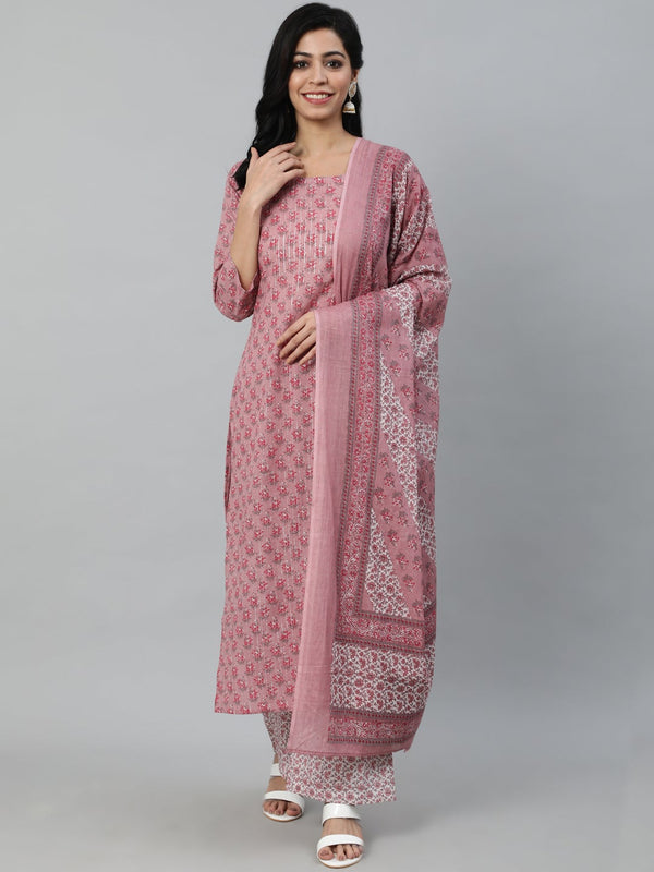 Women's Pink Floral Printed Cotton Kurta & Plazzos With Dupatta
