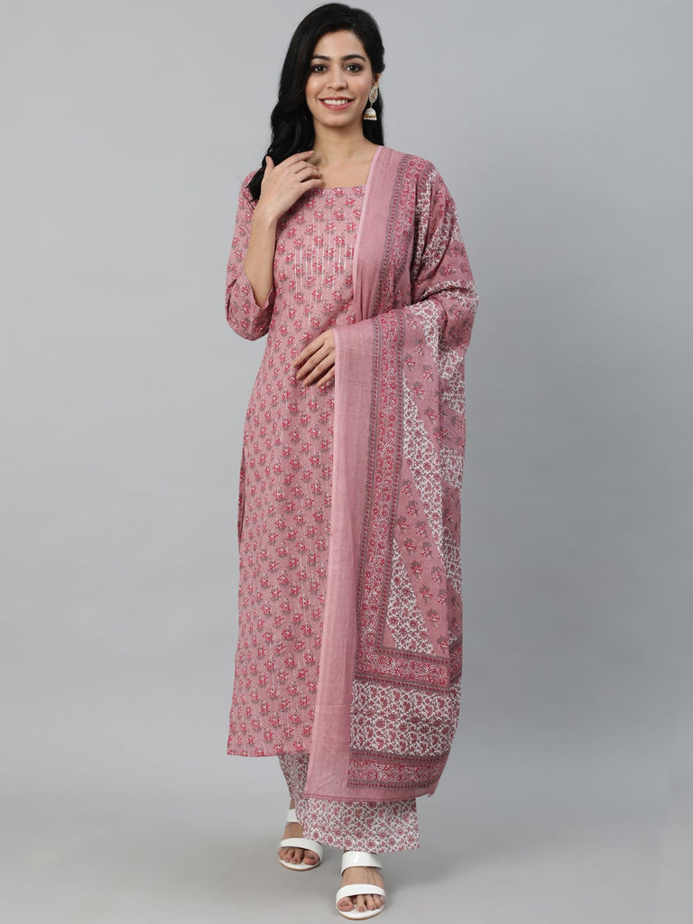 Women's Pink Floral Printed Cotton Kurta & Plazzos with Dupatta