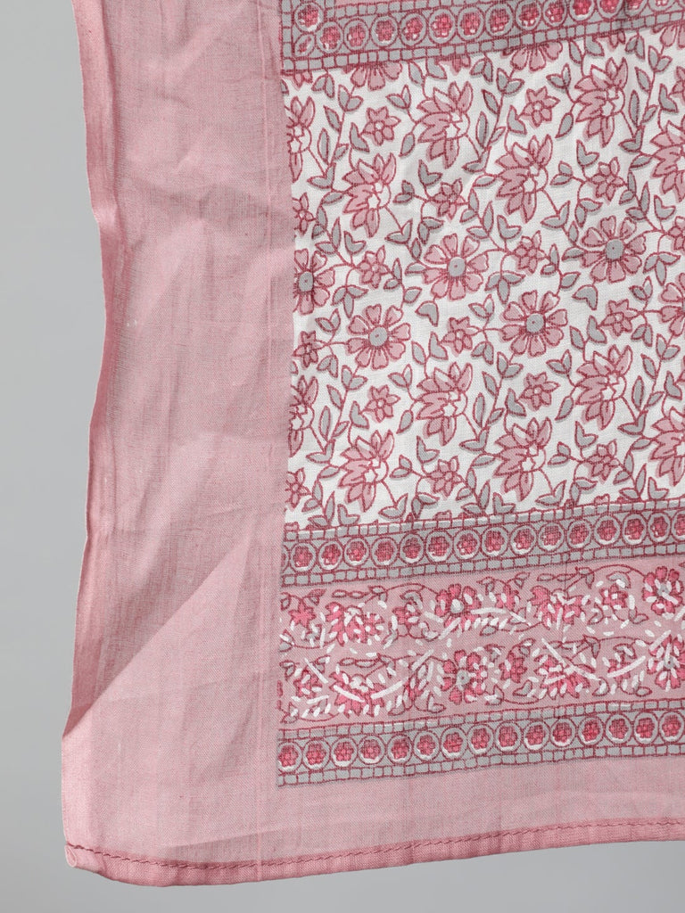 Women's Pink Floral Printed Cotton Kurta & Plazzos With Dupatta