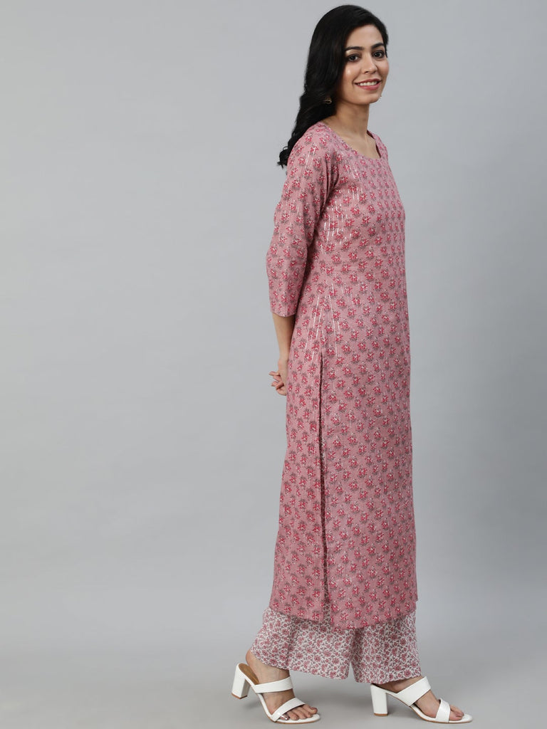 Women's Pink Floral Printed Cotton Kurta & Plazzos With Dupatta