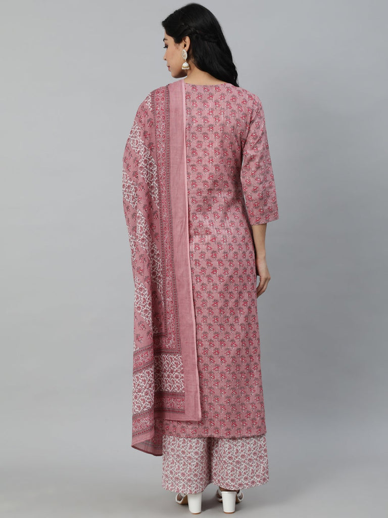 Women's Pink Floral Printed Cotton Kurta & Plazzos With Dupatta