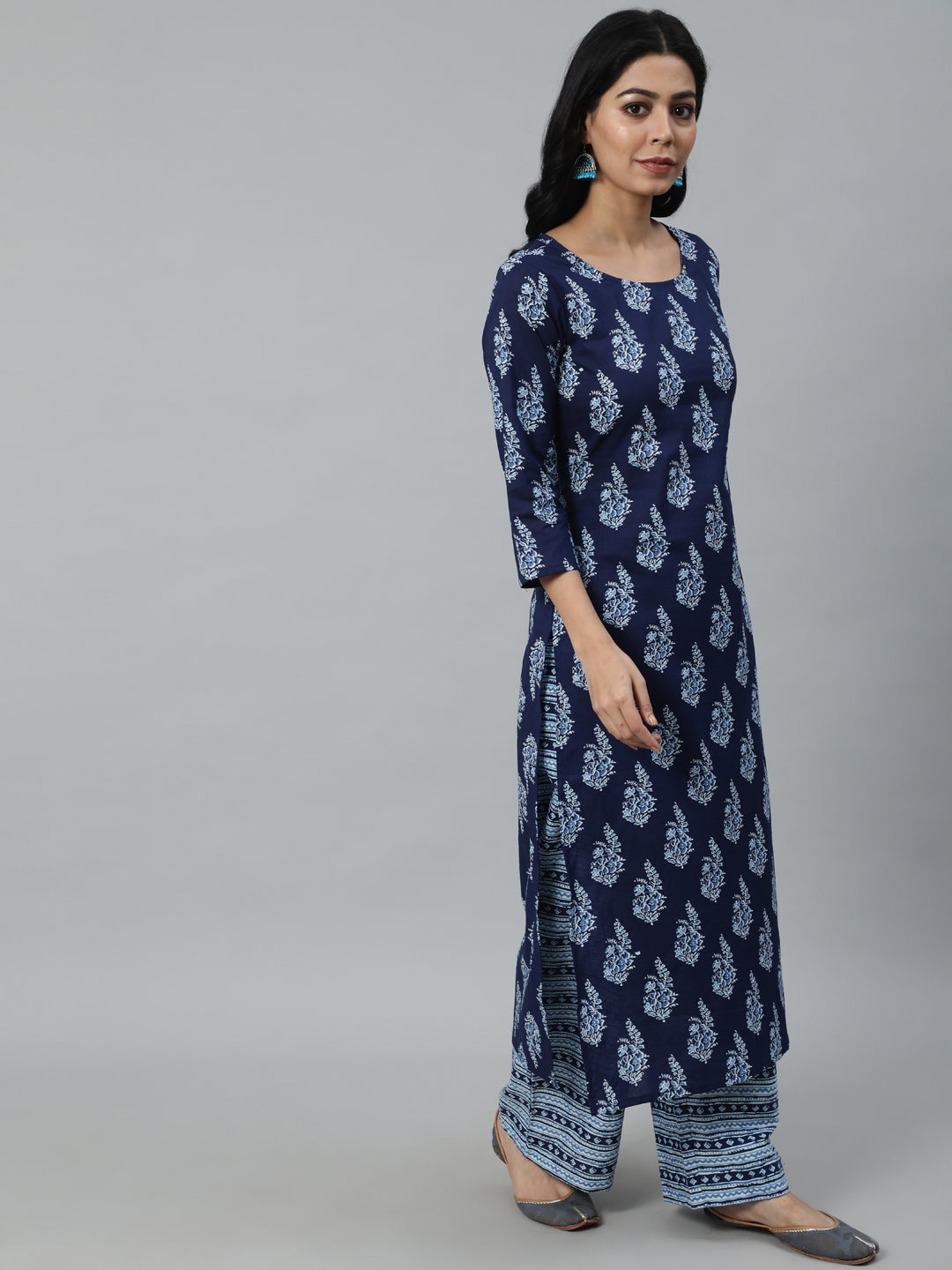 Women's Navy Blue Printed Straight Kurta With Plazo & Dupatta - Nayo Clothing