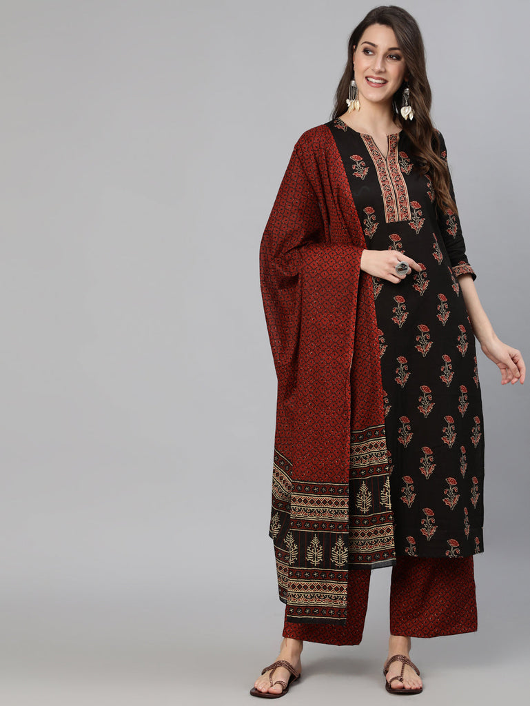 Women's Black & Maroon Floral Printed Straight Kurta With Palzzo And Dupatta
