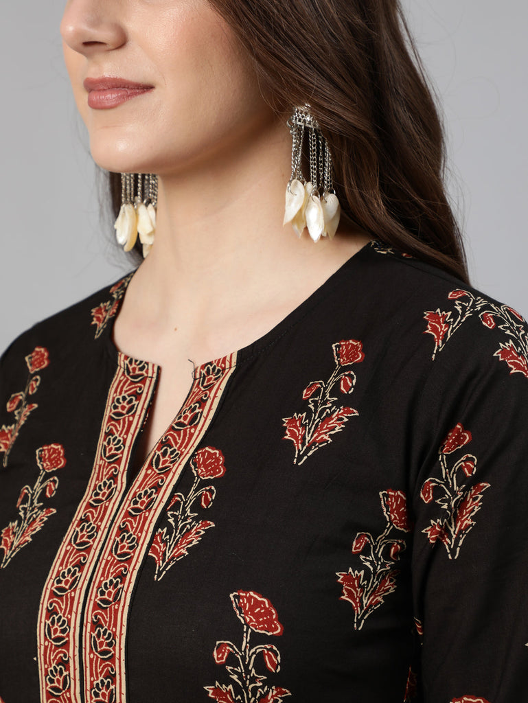 Women's Black & Maroon Floral Printed Straight Kurta With Palzzo And Dupatta