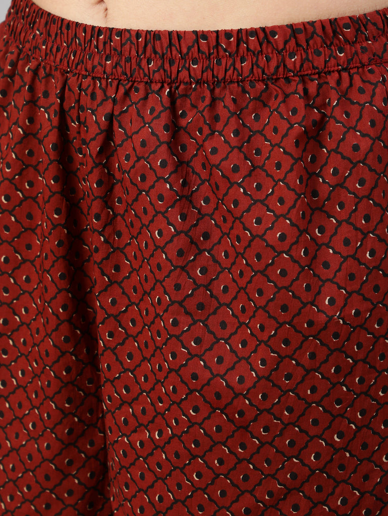 Women's Black & Maroon Floral Printed Straight Kurta With Palzzo And Dupatta