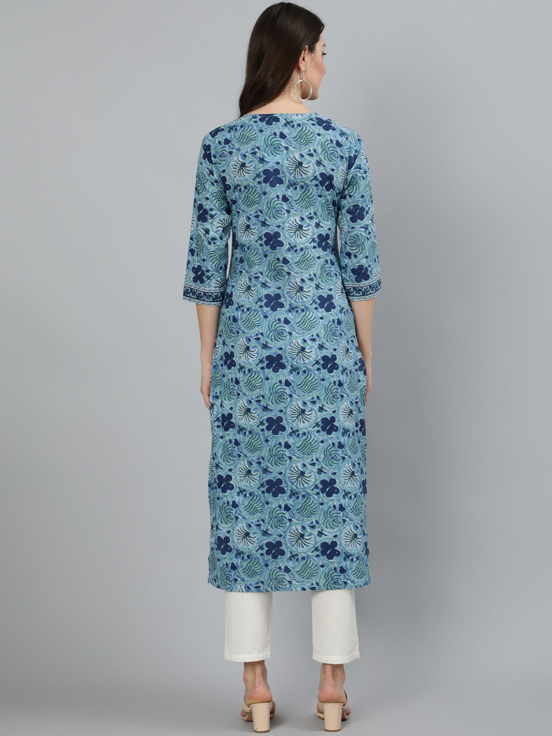 Women's Blue Floral Printed Straight Kurta With Three Quarter Sleeves - Nayo Clothing