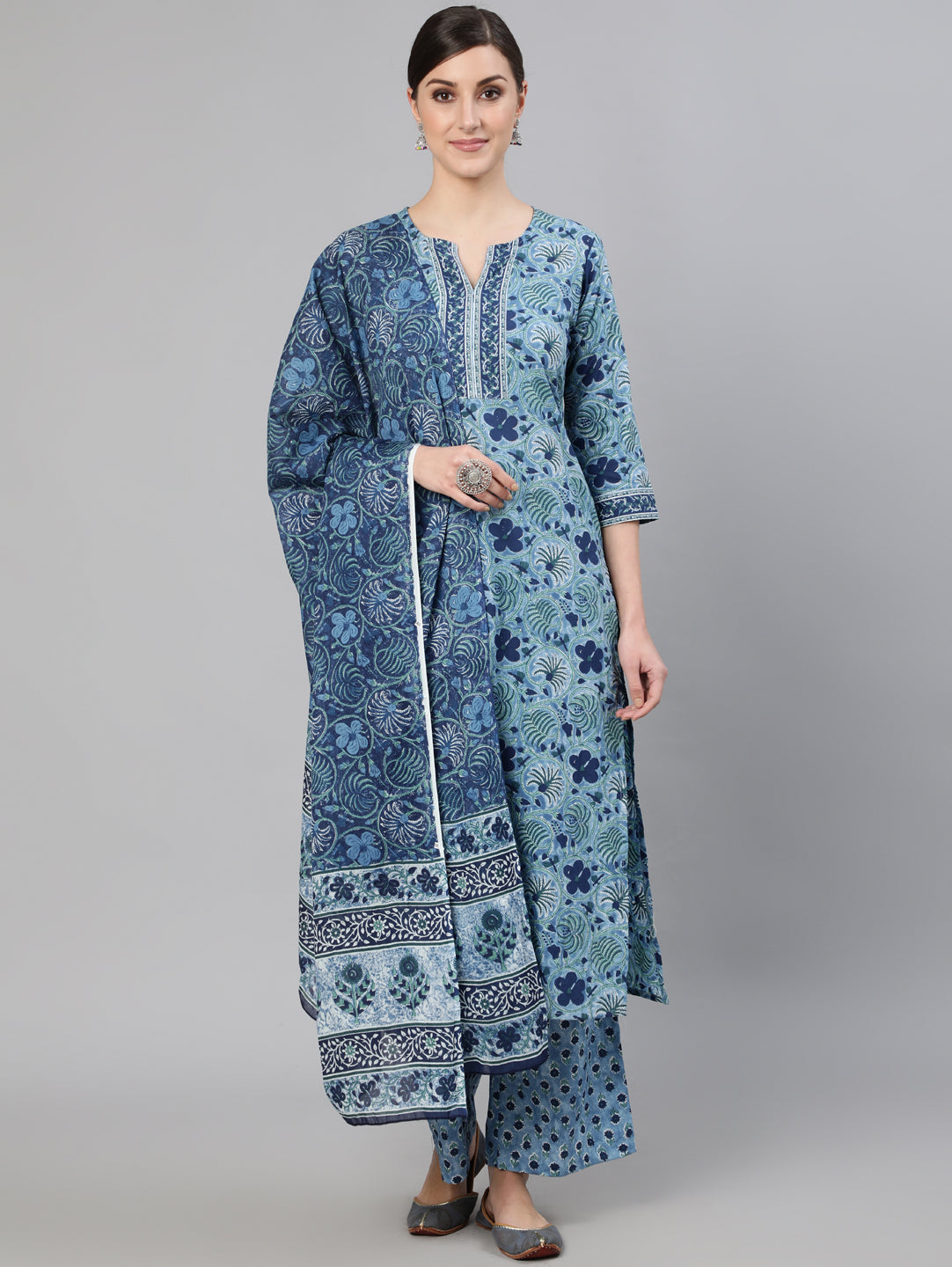 Women's Blue Printed Straight Kurta With Plazo & Dupatta - Nayo Clothing