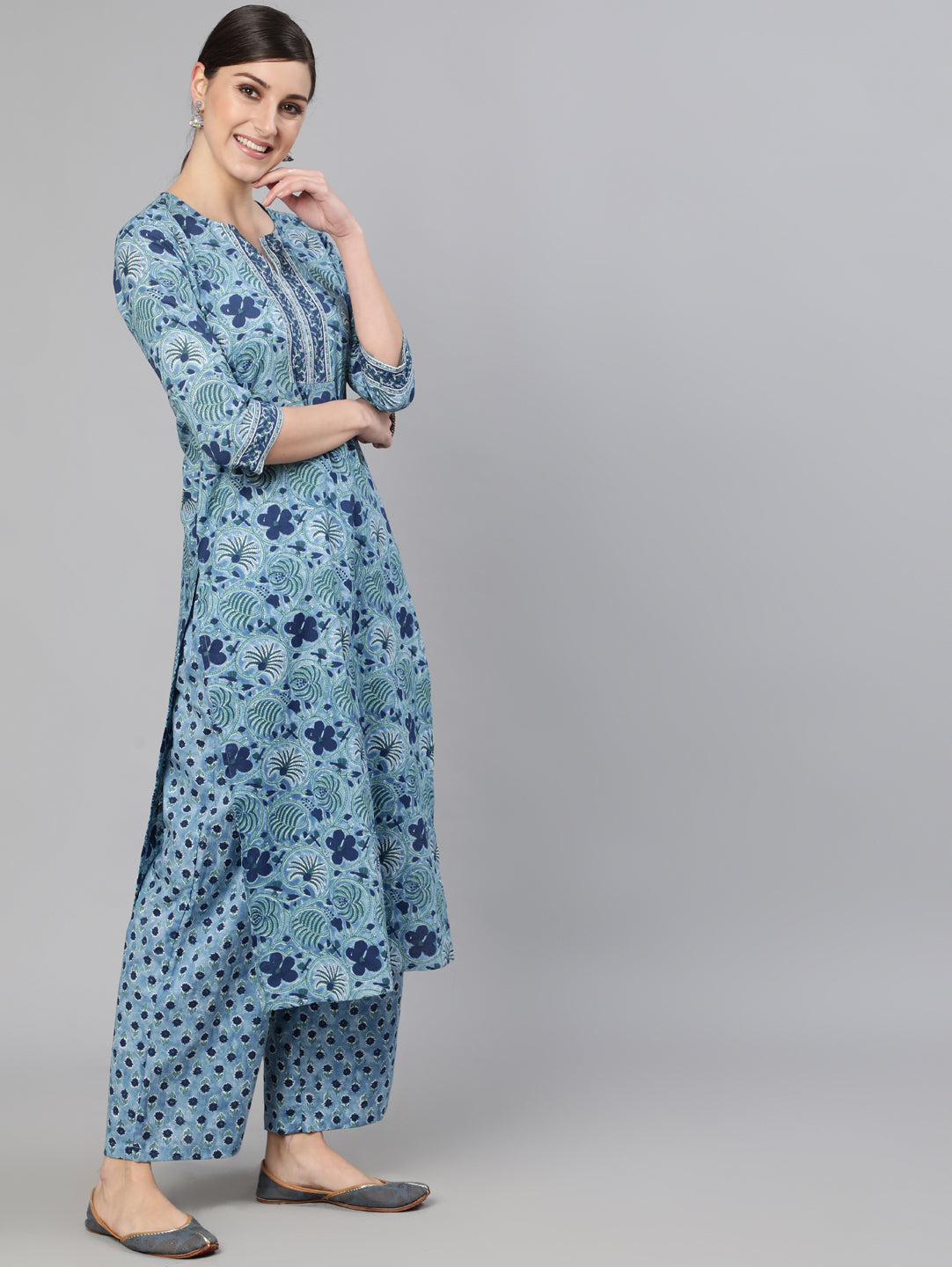 Women's Blue Printed Straight Kurta With Plazo & Dupatta - Nayo Clothing